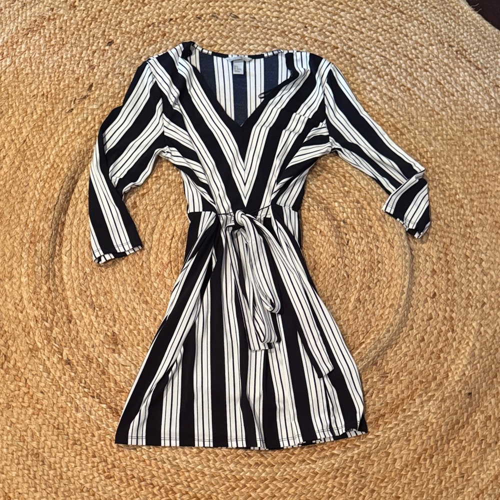 H&M navy & White Striped Wrap Dress with Tie Waist